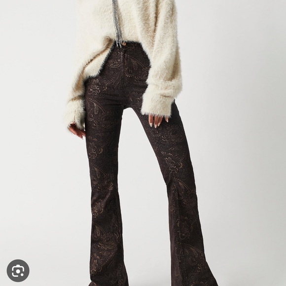 Free People Denim - Free People High Rise Flare Jayde Printed Metallic Gold Foil Pants Jeans